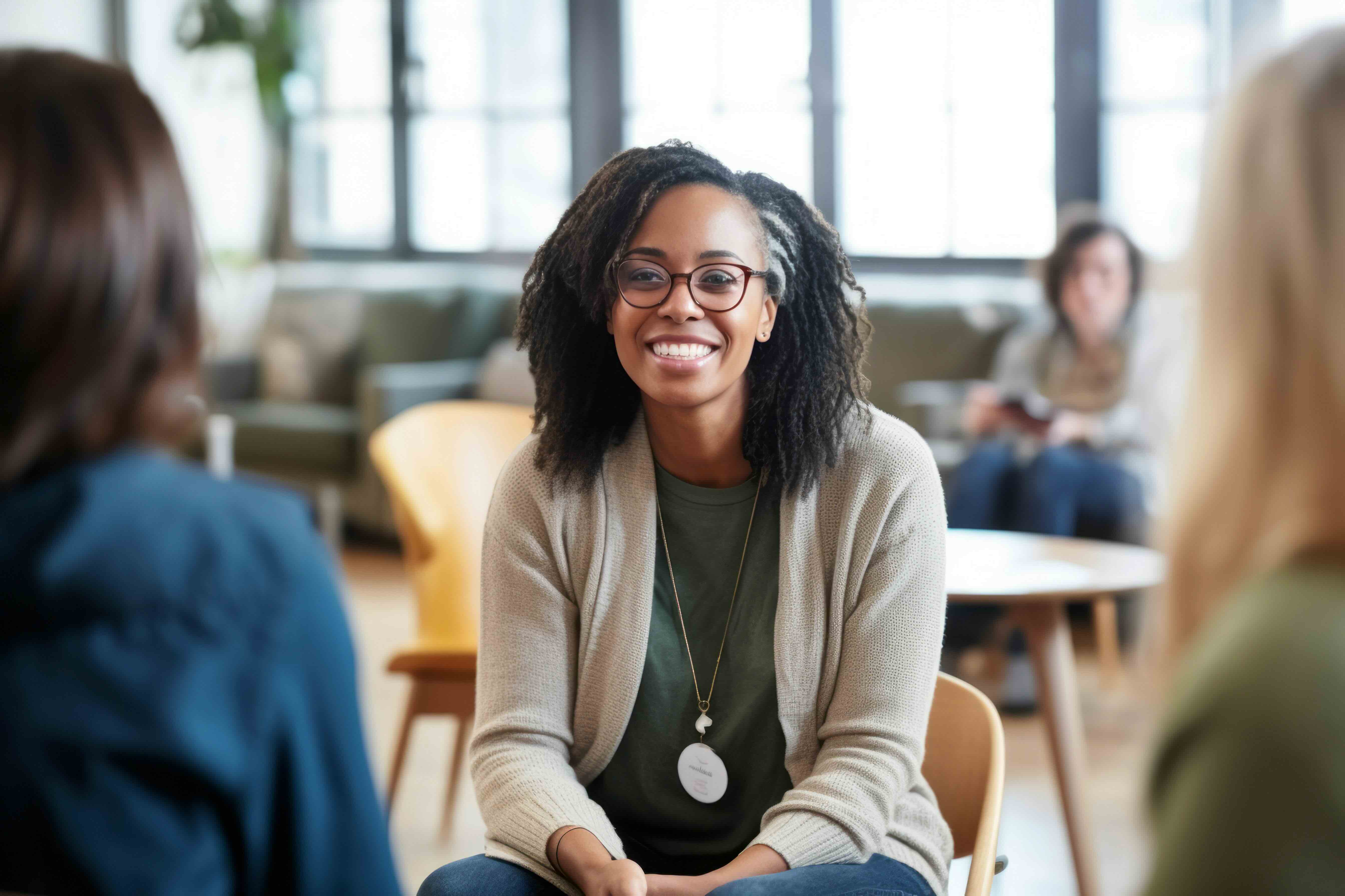 Professional therapist conducting a candid group session, showing genuine compassion and a comforting smile, emphasizing the importance of mental health and counseling, generative ai