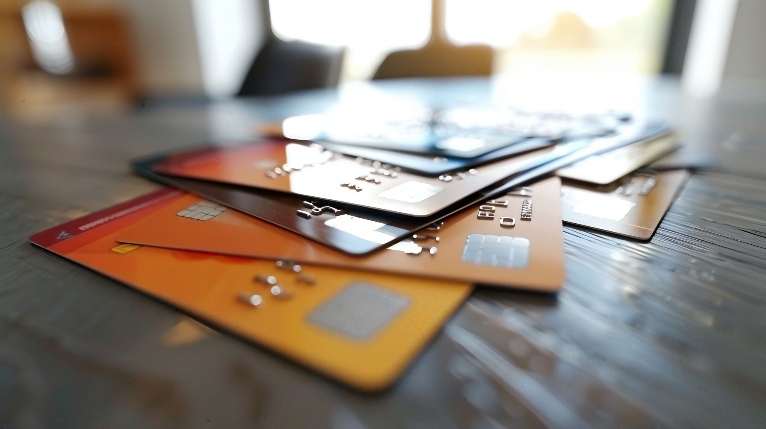 Close-up of multiple credit cards on a table, representing banking, finance, and online shopping with selective focus.